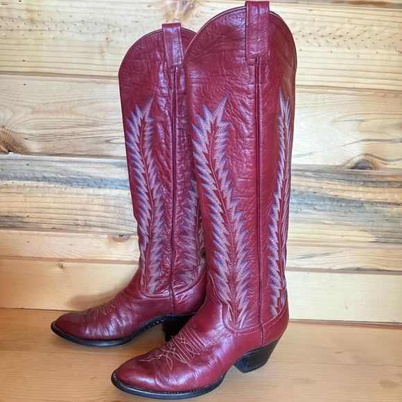 Larry Mahan Shoes - Vintage Larry Mahan Red Leather Tall Cowboy Boots women's sz 7
